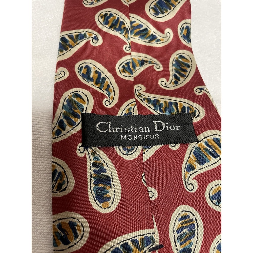 Vtg Christian Dior Tie Silk Burgundy Colorful Paisley Blue‎ Gold Tan 58 X 3.5"